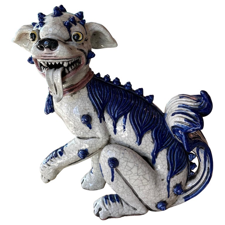 Vintage Oriental Blue and White Large Foo Dog Terracotta Porcelain For Sale  at 1stDibs