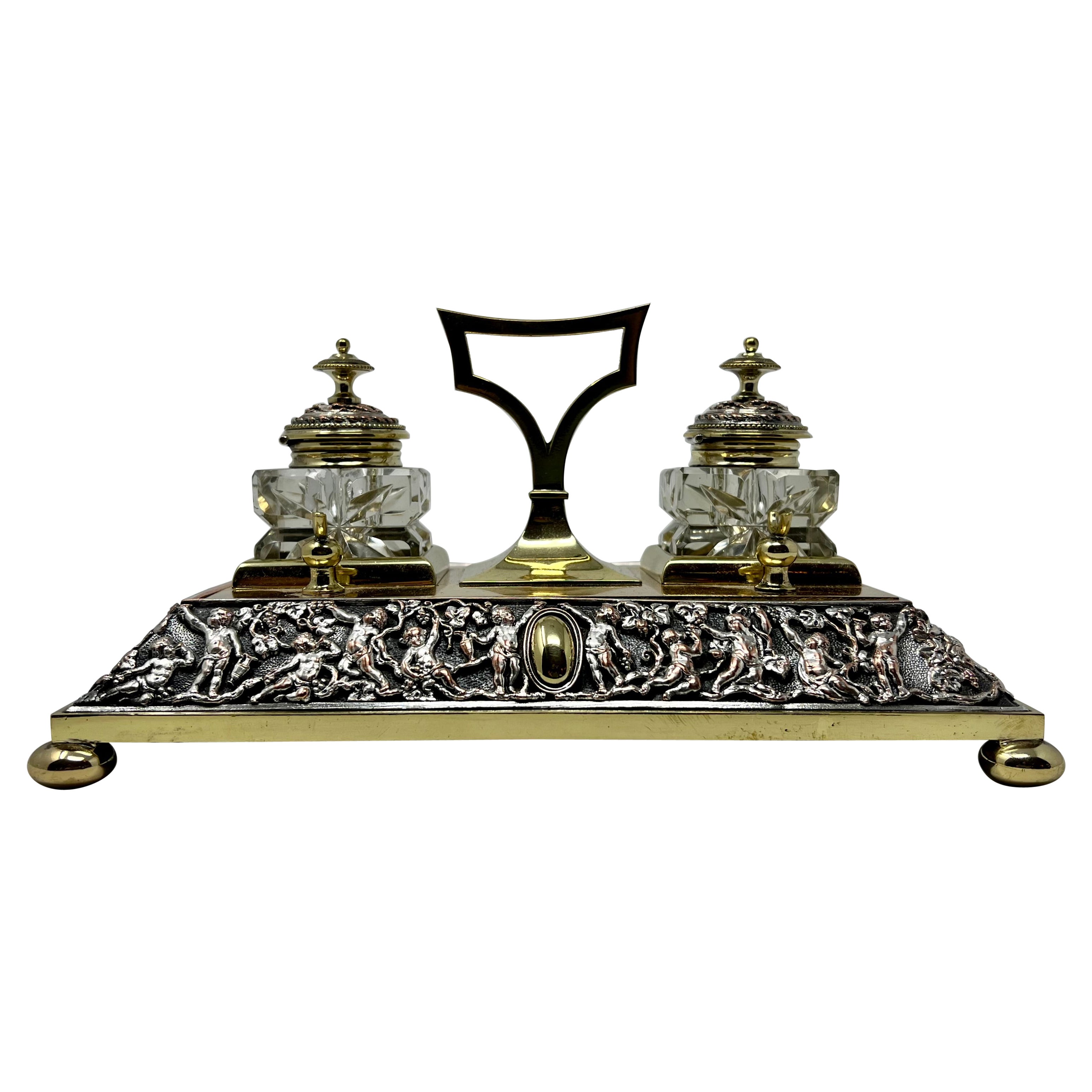 Antique English Brass Double Ink Stand, circa 1880