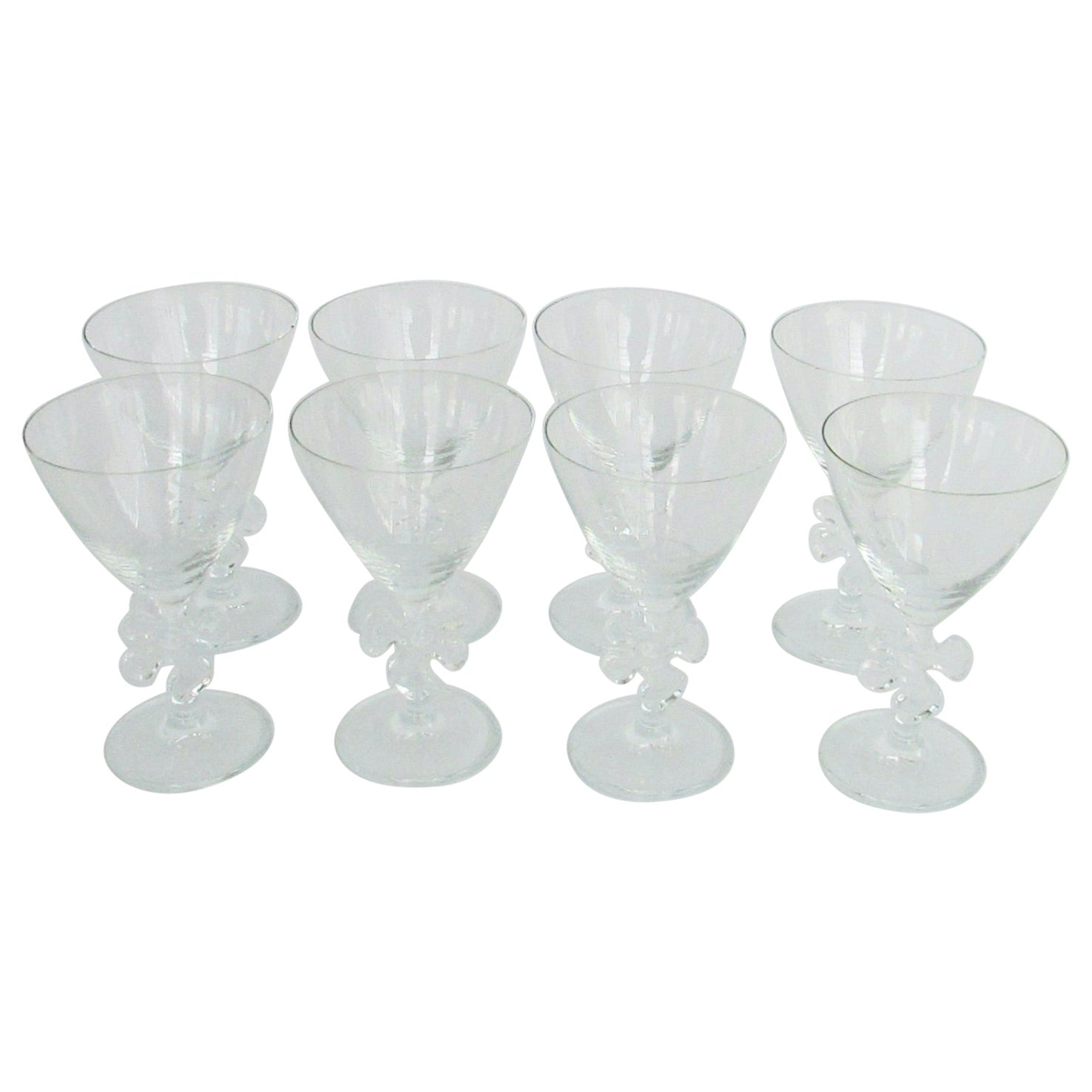 Eight Fun and Fancy Marc Aurel Wine Glasses with Jigsaw Stem For Sale