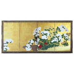 Edo Japanese Folding Screen Four Panels Gold Leaf