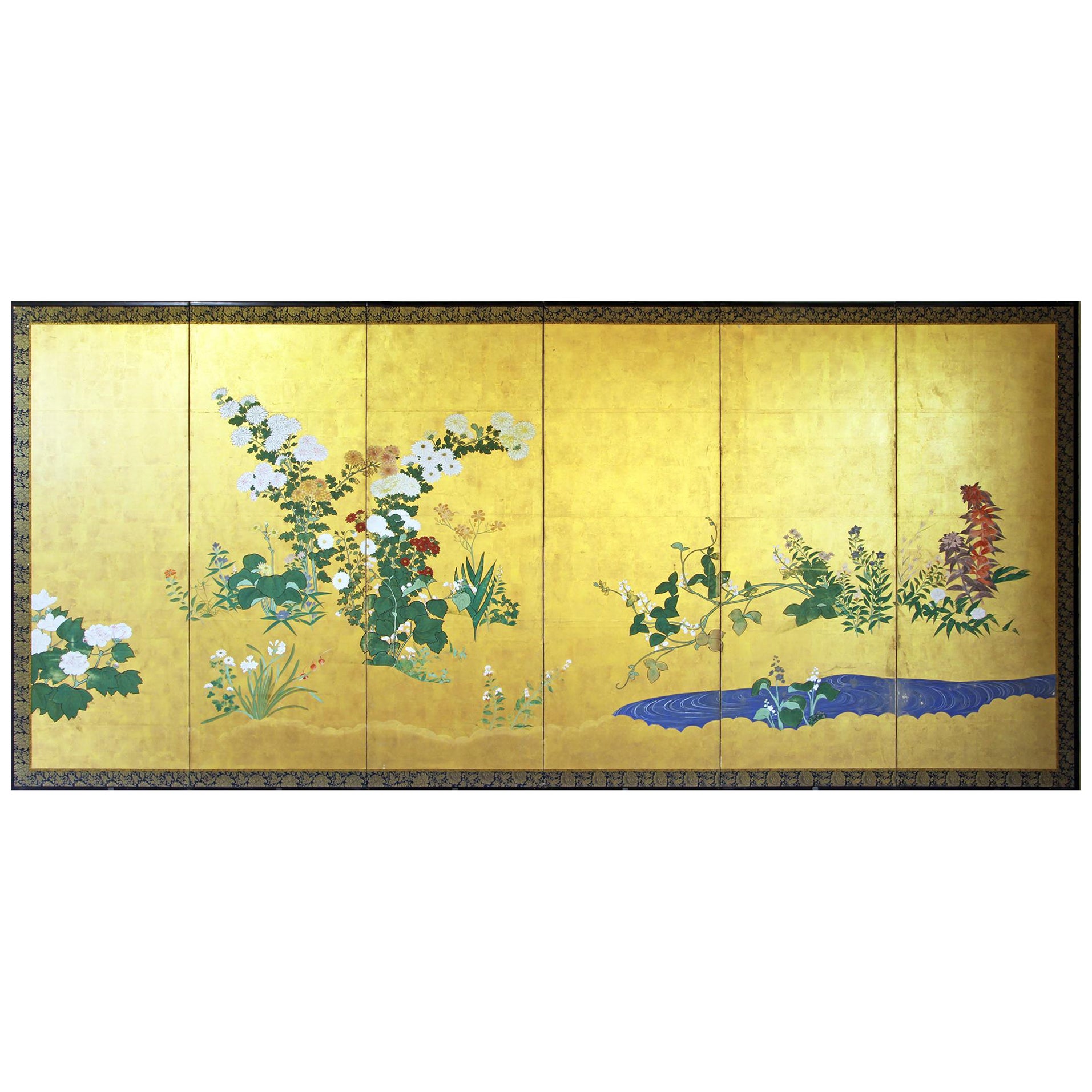 Edo Landscape Japanese Folding Screen For Sale