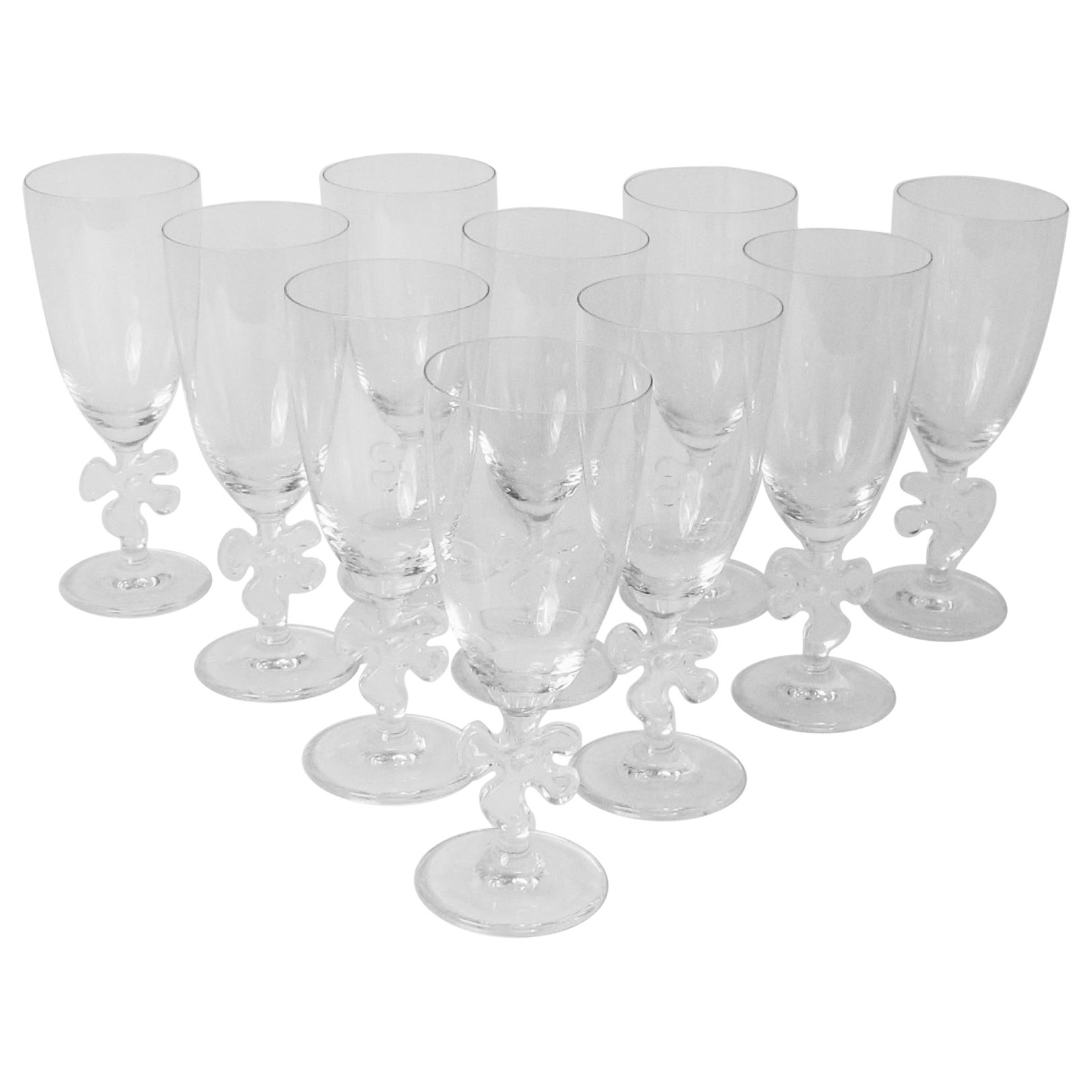 Set of Ten Fun and Fancy Marc Aurel Water Glasses with Jigsaw Stem For Sale