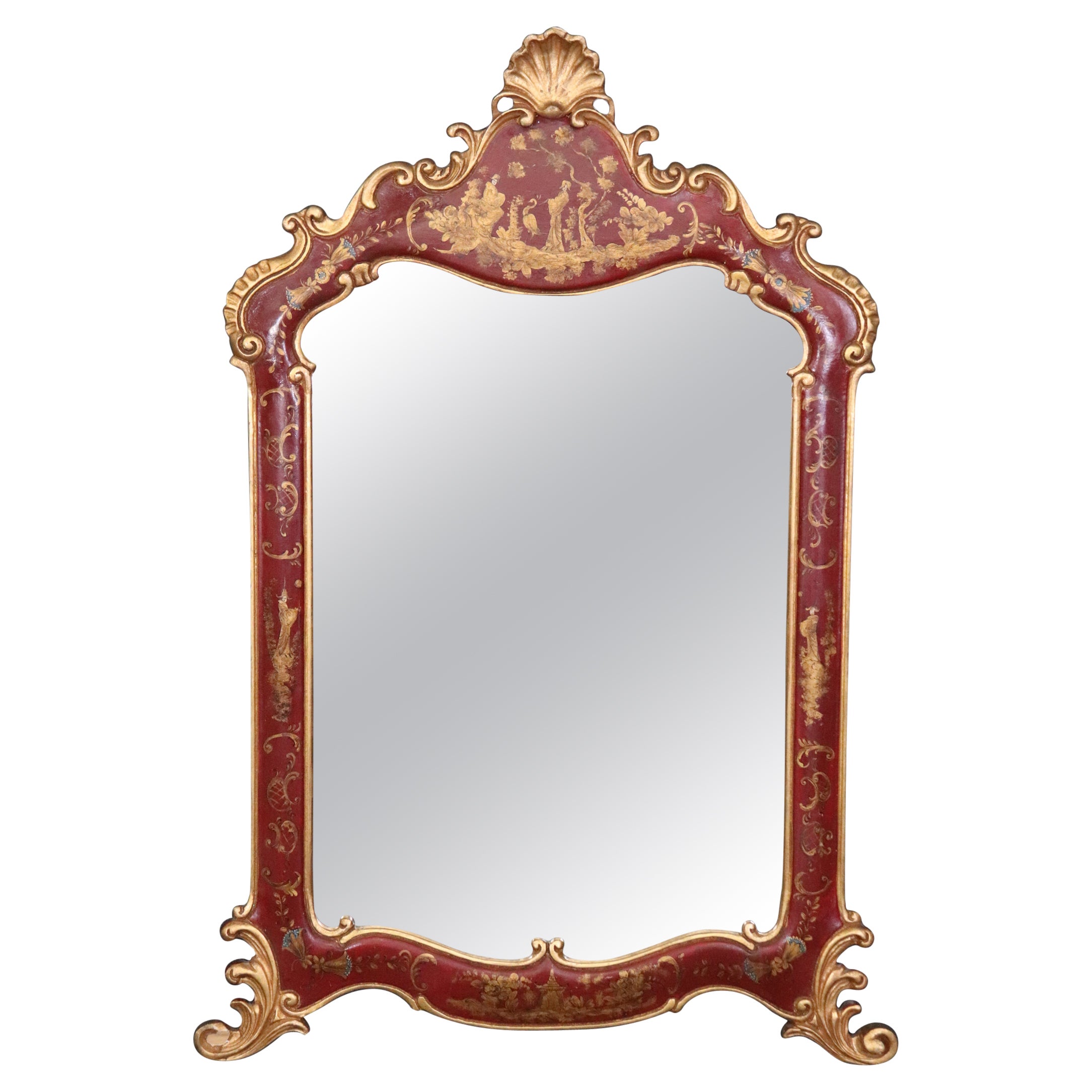 Red Chinoiserie Style Lacquered and Gilt Carved Wall Hanging Mirror For Sale