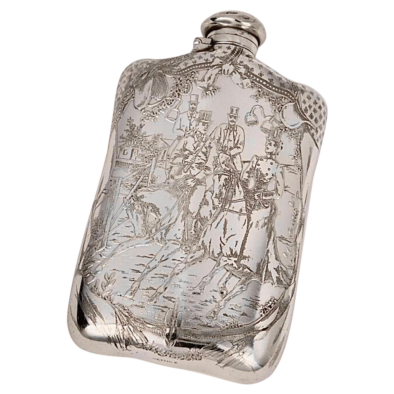 1882 Tiffany & Co. Sterling Silver Flask of Victorian Equestrian Riding Scene For Sale