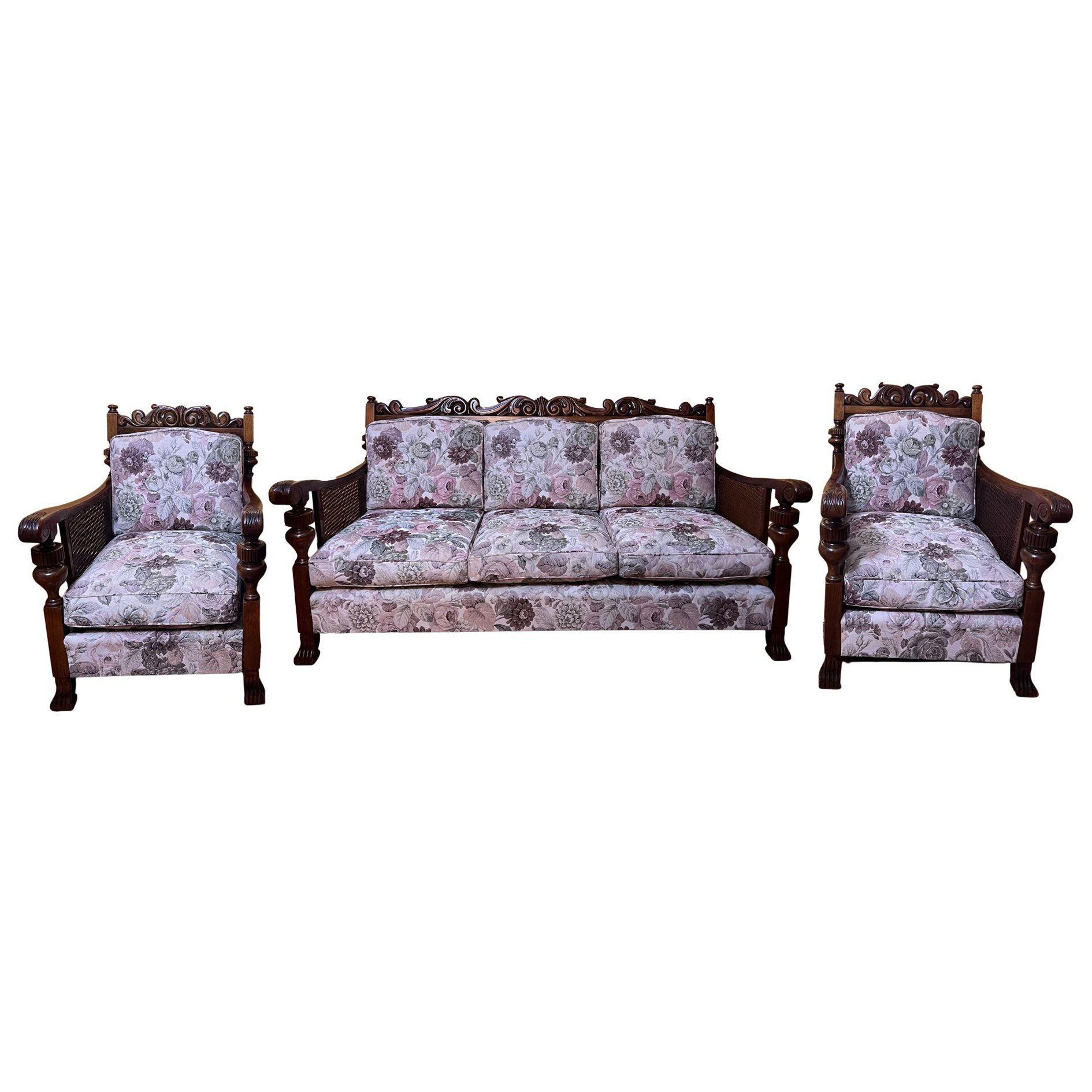 Antique English 1920s Cane Bergere Three Piece Lounge Suite For Sale