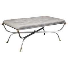 Maison Jansen Rams Head Brass and Brushed Steel Tufted Bench Ottoman