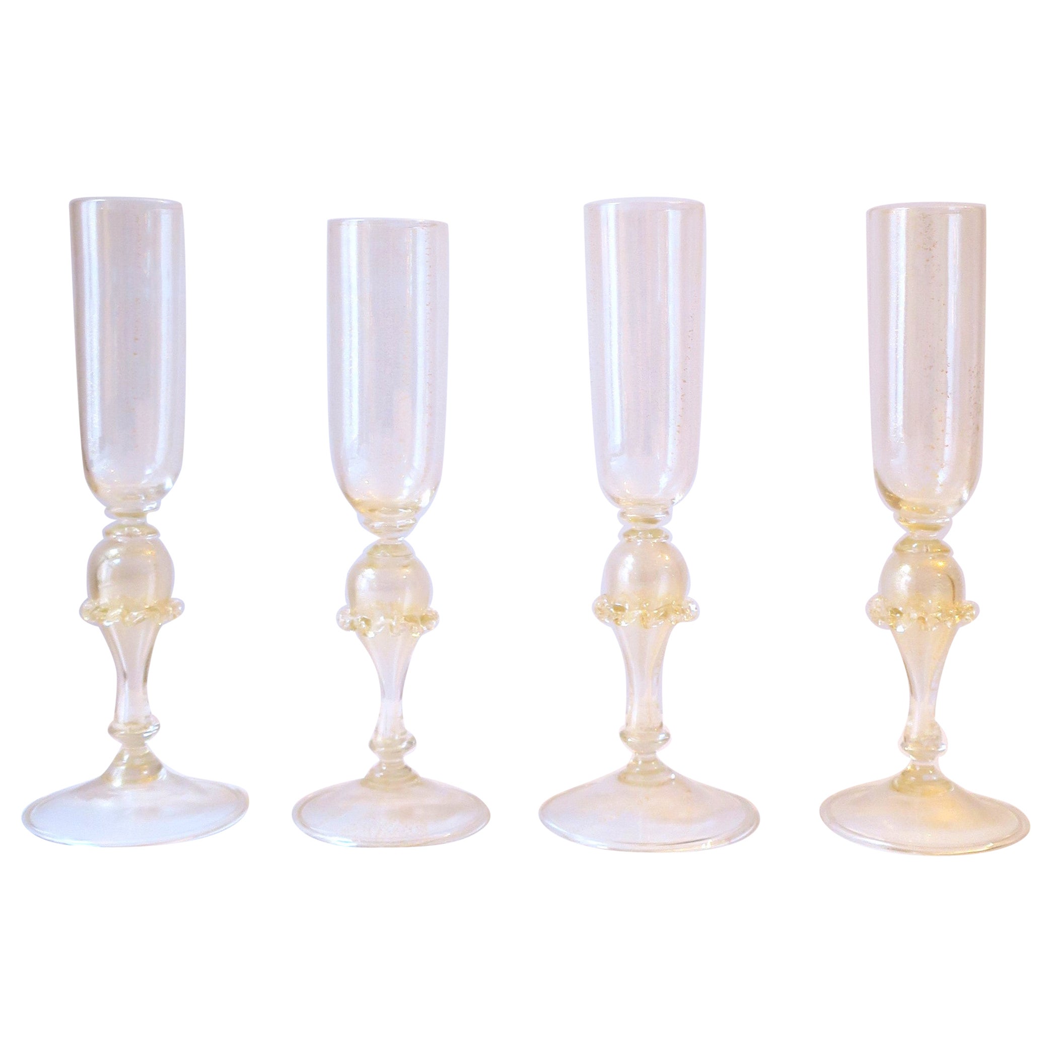Italian Murano Venetian Gold Champagne Flutes Glasses, Set of 4