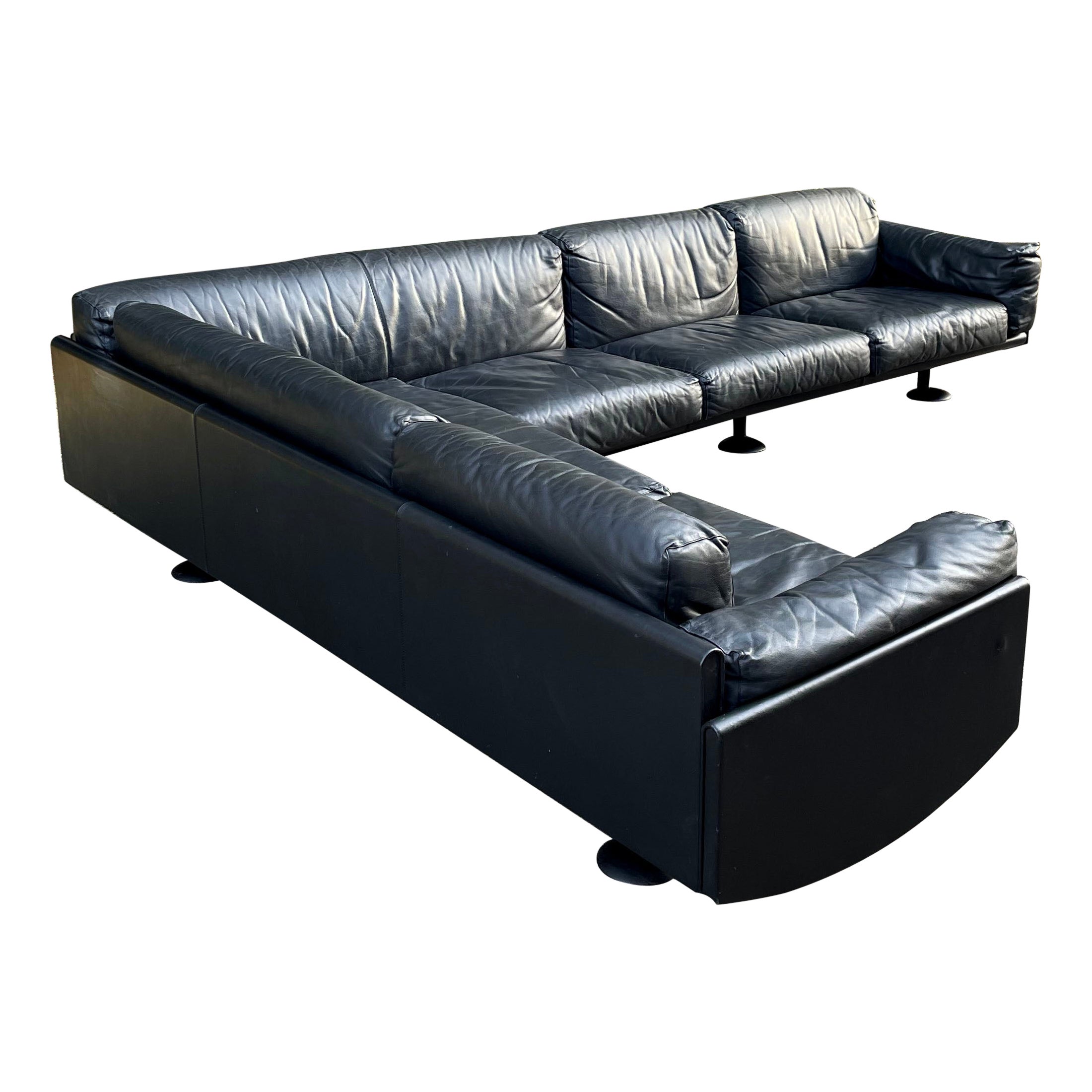 Giulio Corner Black Leather Sofa by Afra & Tobia Scarpa for Meritalia, Italy 80s For Sale