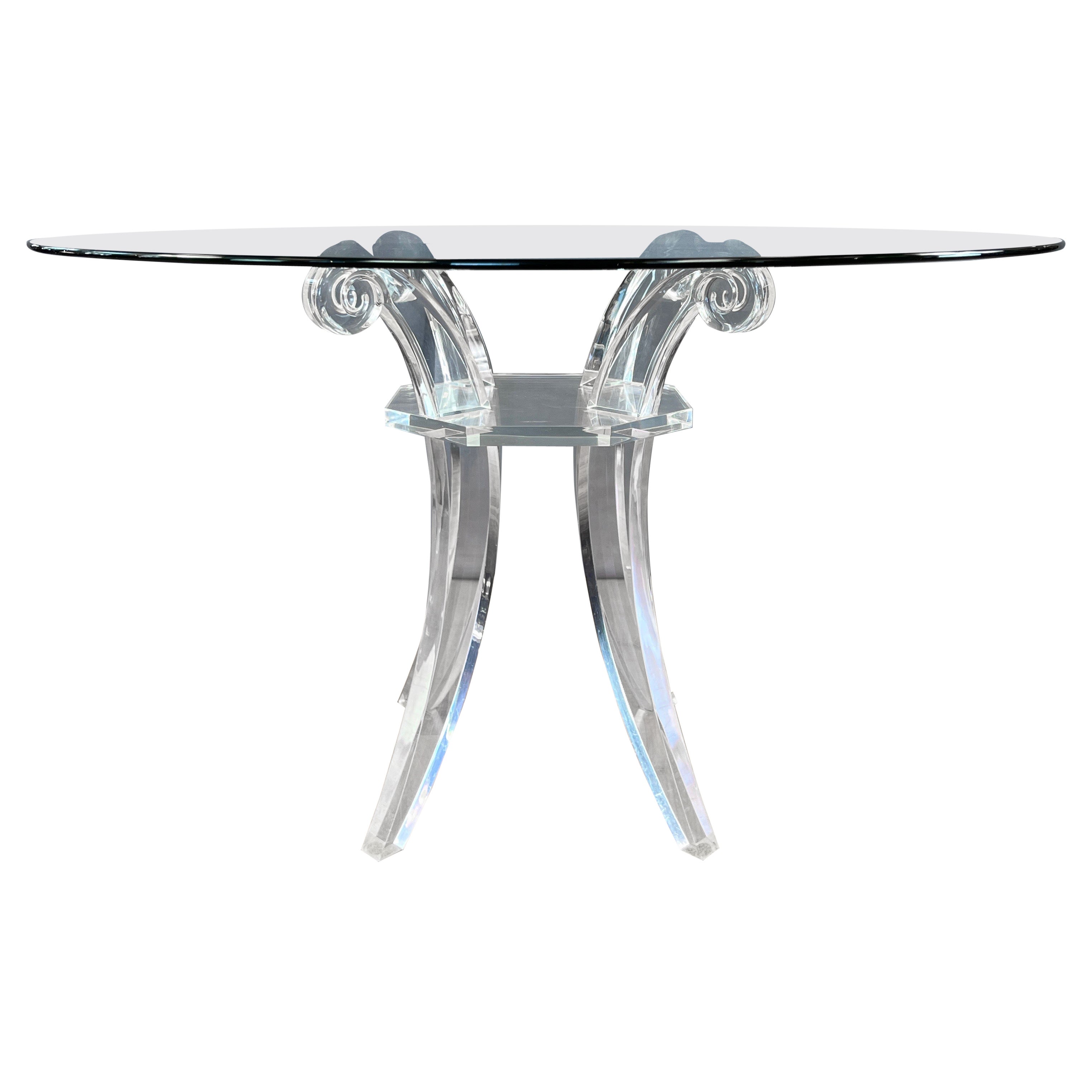 Lucite Saber Leg Scroll-Motif Dining Table with Round Glass Top, circa 1980