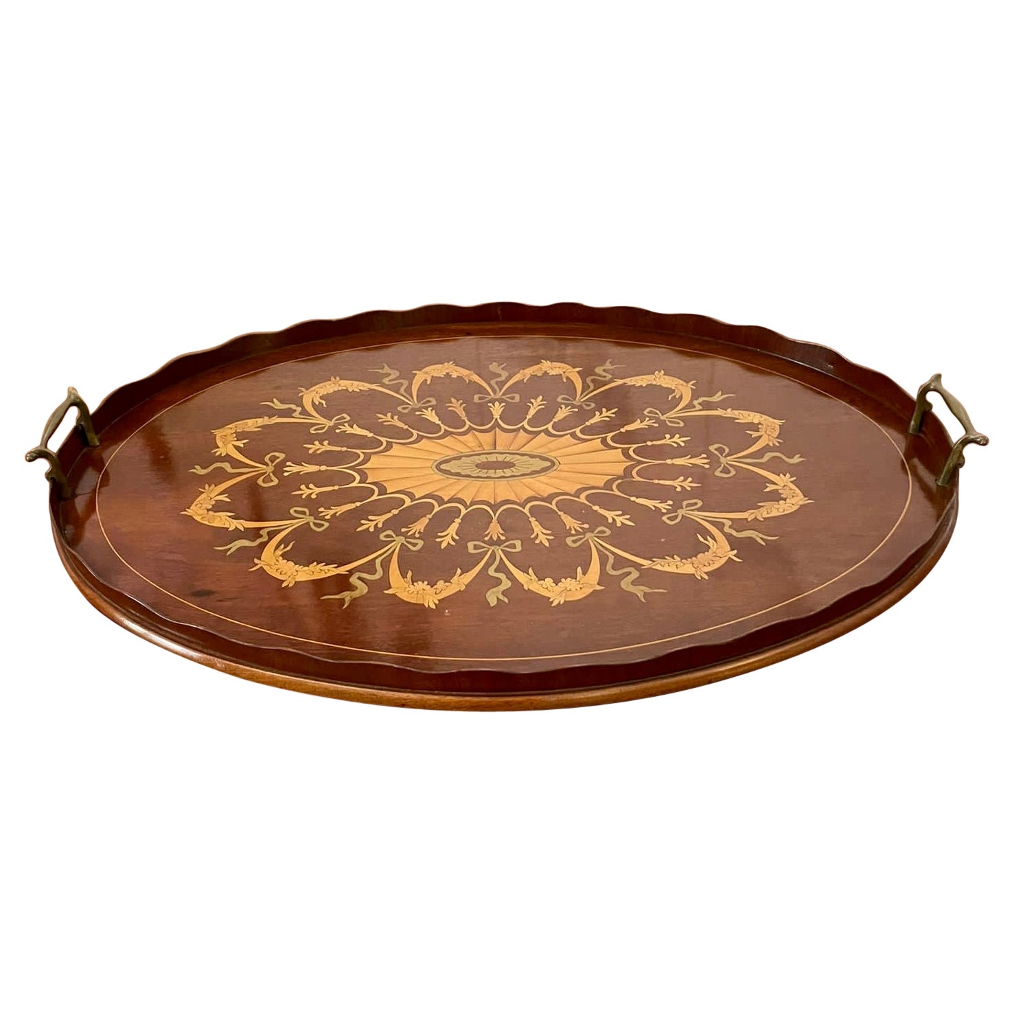 Outstanding Quality Edwardian Inlaid Mahogany Oval Tray For Sale