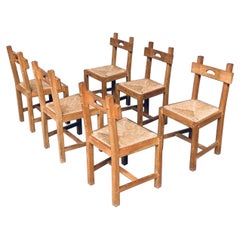 Brutalist Rustic Design Oak & Rush Dining Chair Set, Belgium, 1960s