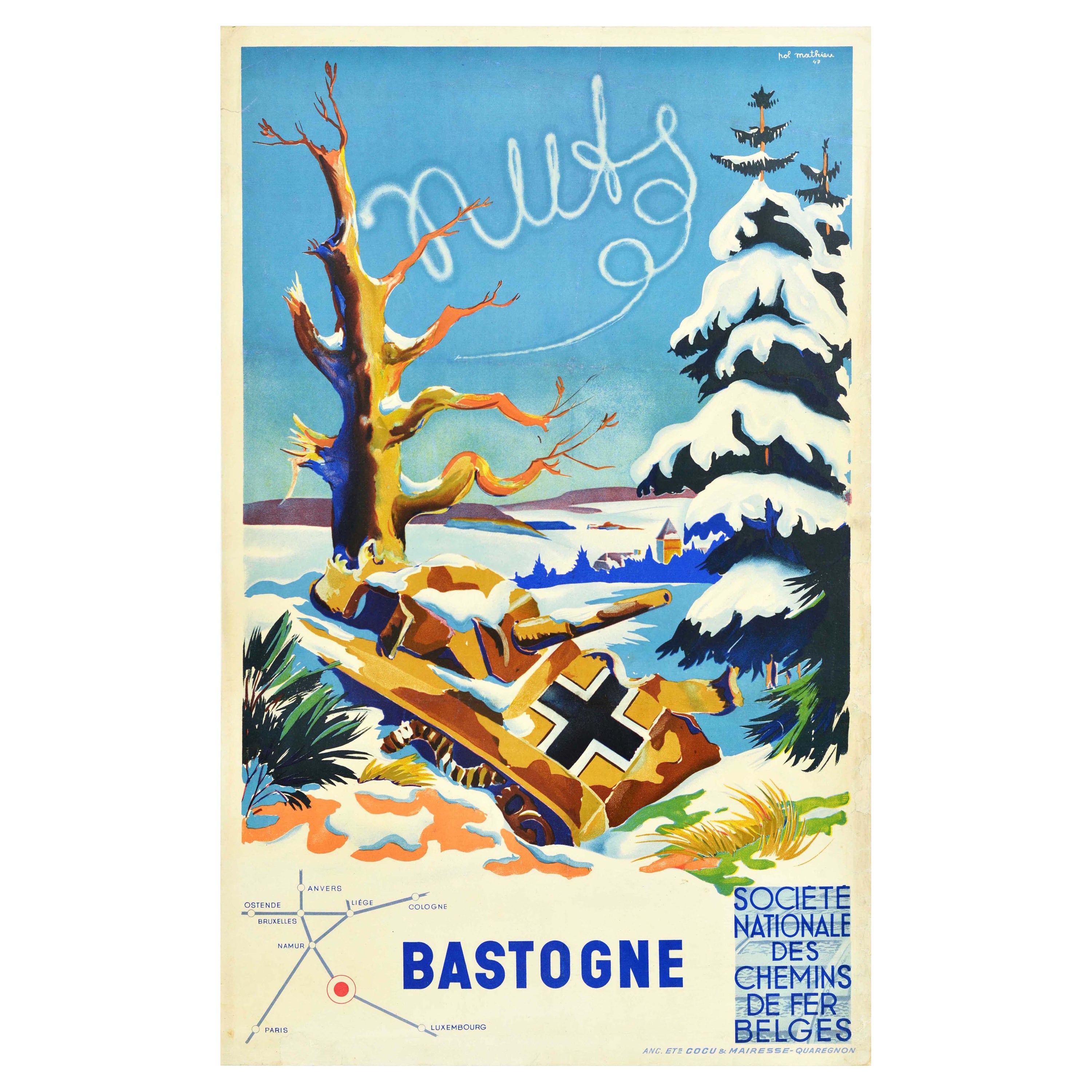 Original Vintage Post-WWII Travel Poster Bastogne Belgian National Railway Tank