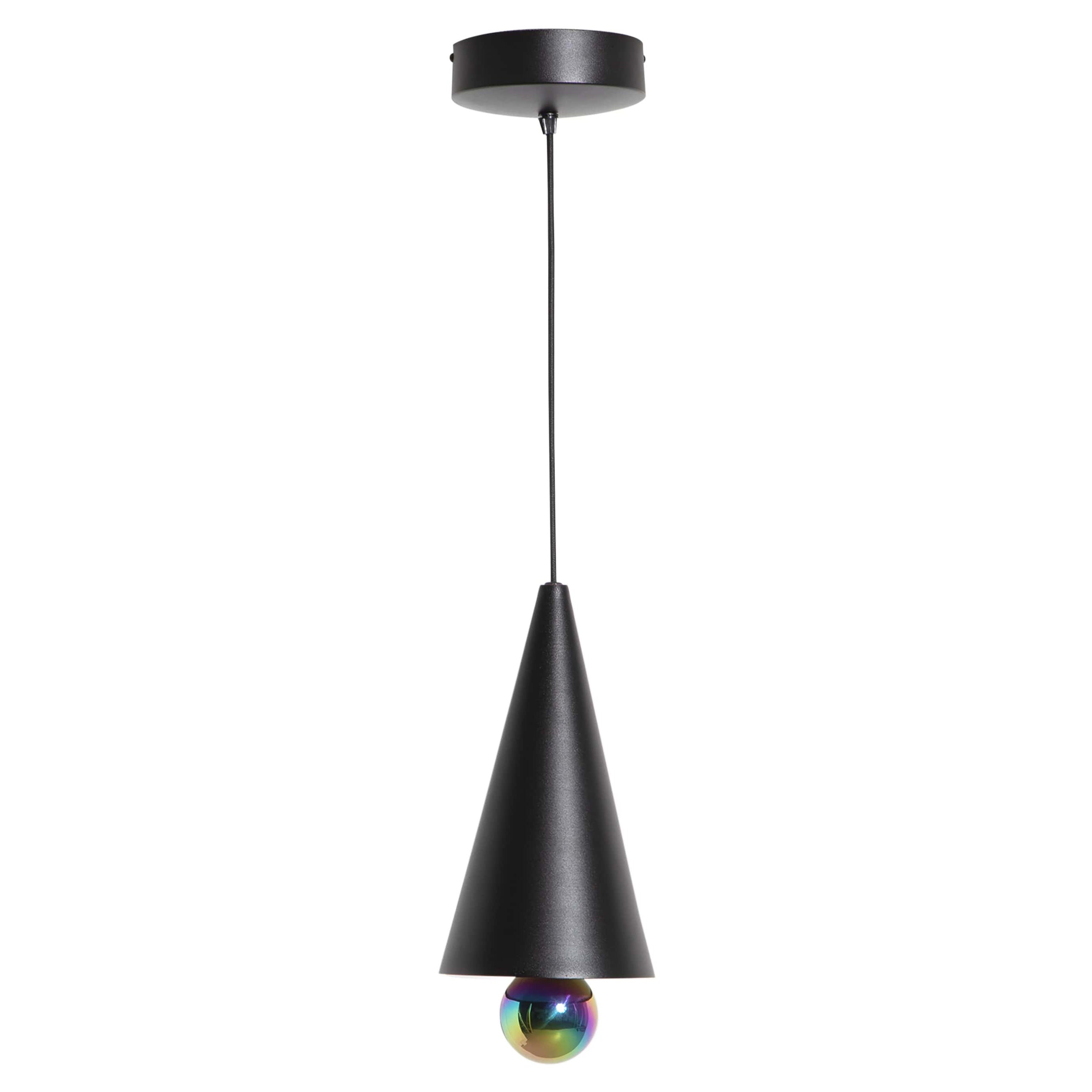 Kleine Friture LED-Pendelleuchte aus Kirschbaumholz in Schwarz und Regenbogen-Aluminium im Angebot