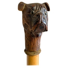 Antique Black Forest Brienz Wood Carved Dog Walking Stick, 1890s, Austria Vienna