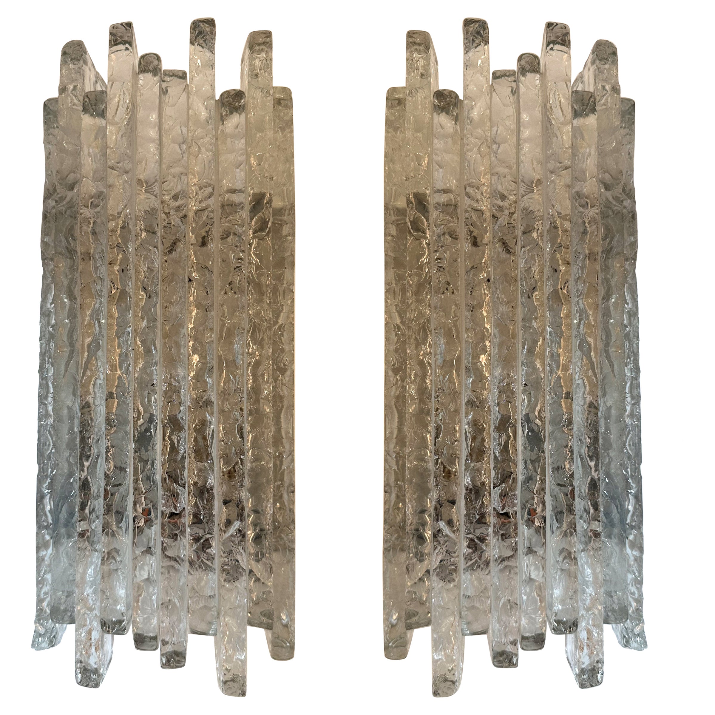 Pair of Hammered Glass Ice Sconces by Poliarte, Italy, 1970s For Sale