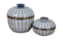 2 Vintage Chinese Lidded Porcelain Blue & White Calligraphy Ginger Jars Urn 