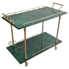 Green Aldo Tura Bar Cart in Lacquered Goatskin, Italy