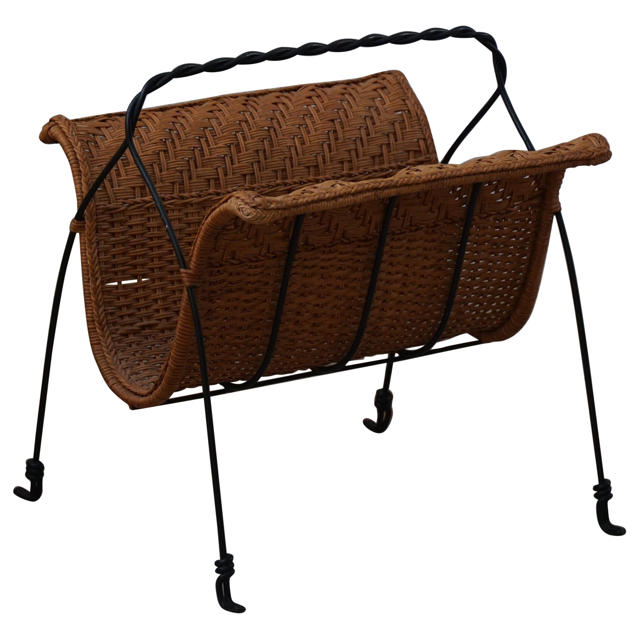 Scandinavian Vintage Magazine Rack in Rattan and Stainless Steel, 1960s For Sale