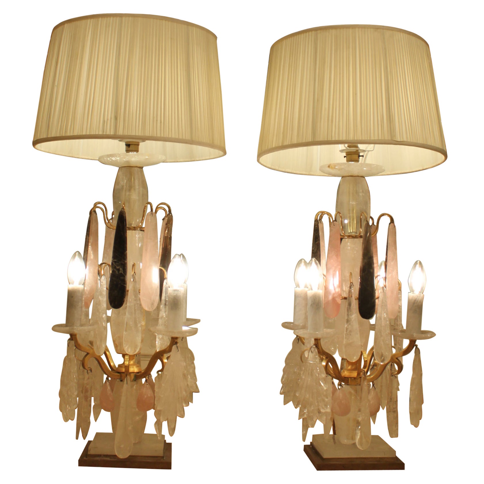 Beautiful Pair of Rose, Clear & Smoked Quartz Rock Crystal Table Lamps For Sale