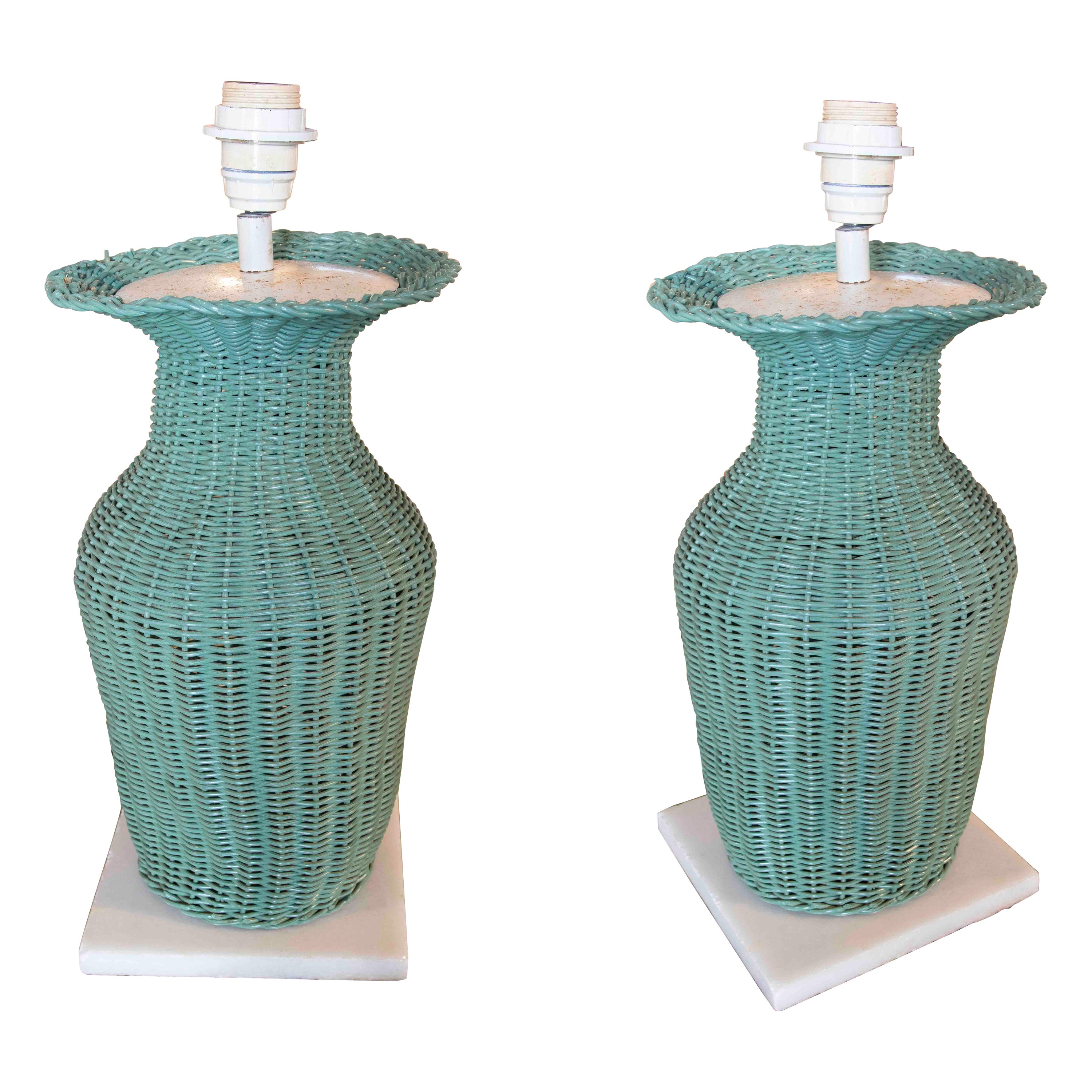 1970s Pair of Green Painted Wicker Lamps with Marble Base