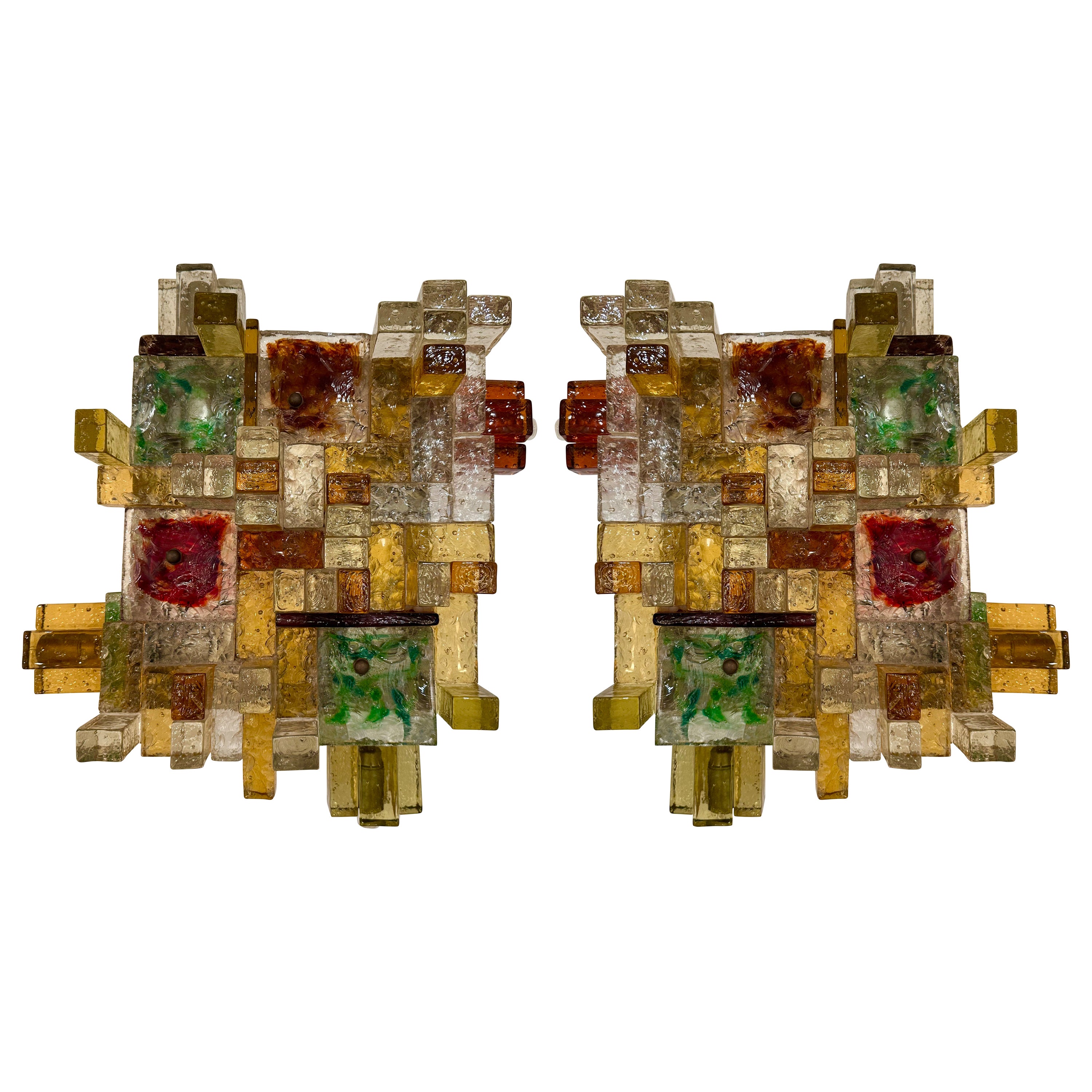 Pair of Geometry Glass Construction Metal Sconces by Poliarte, Italy, 1970s