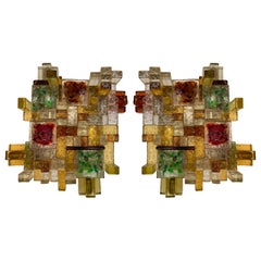 Pair of Geometry Glass Construction Metal Sconces by Poliarte, Italy, 1970s