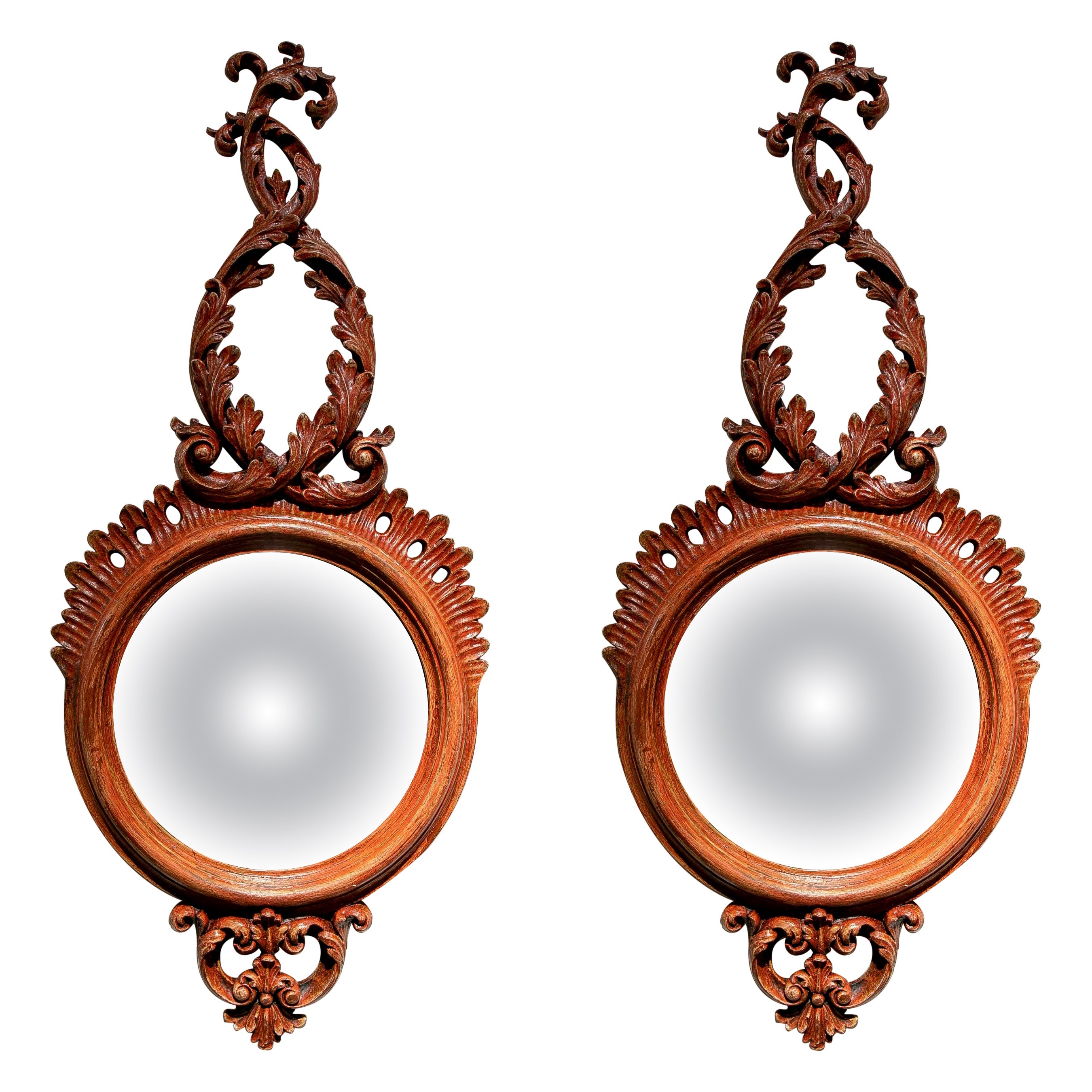 Pair of Polychromed Rounds Wall Mirrors in Shades of Red