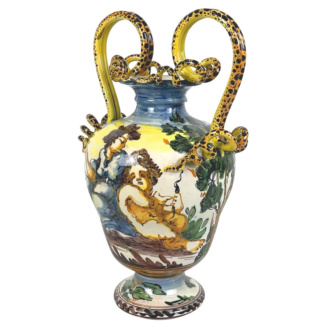 Italienische antike handgefertigte Albisola-Vase aus handbemalter Keramik, 1900er Jahre