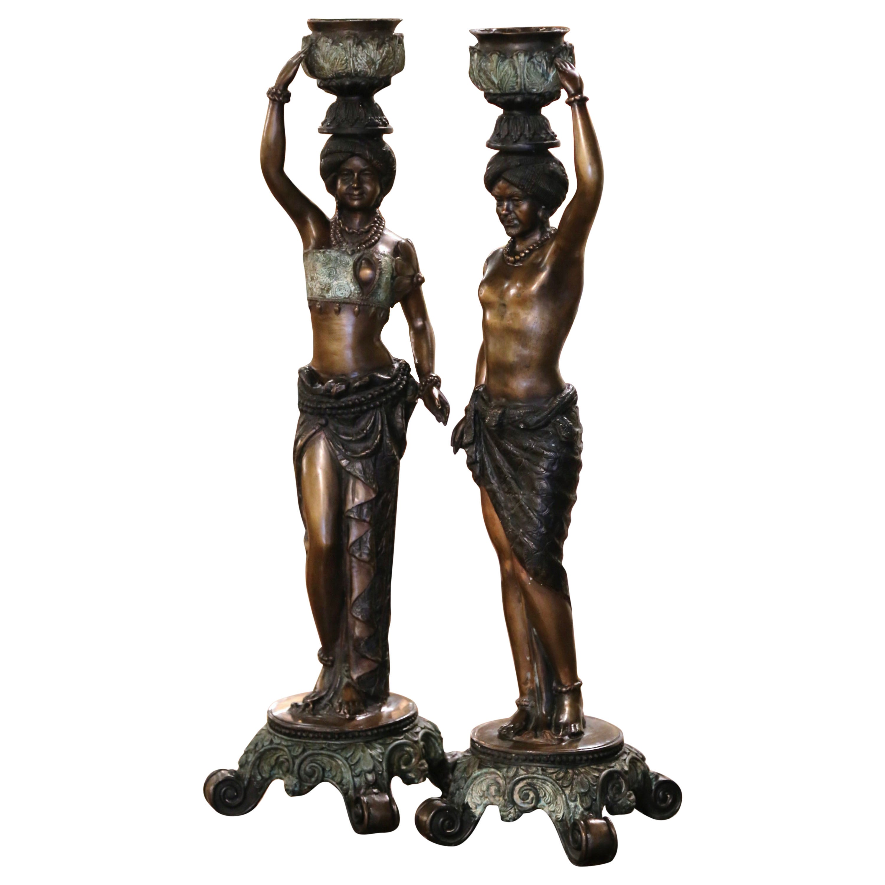 Pair of 19th Century Italian Patinated Bronze Candlestick Figurines For Sale