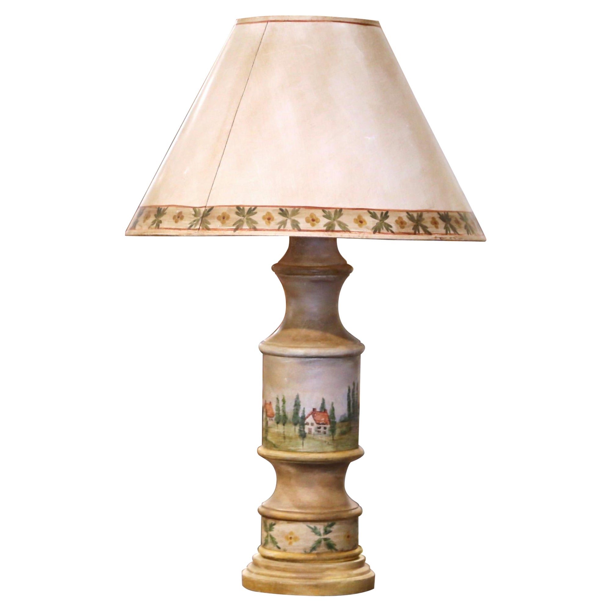 Midcentury French Hand Carved Hand Painted Table Lamp from Provence with Shade For Sale