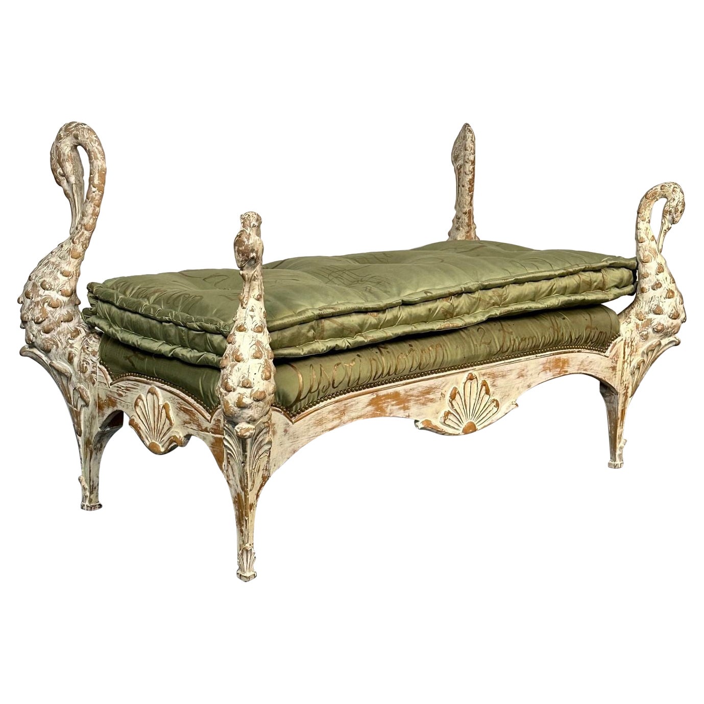Maison Jansen Hollywood Regency Swan Bench / Daybed, Hand Carved, Distressed