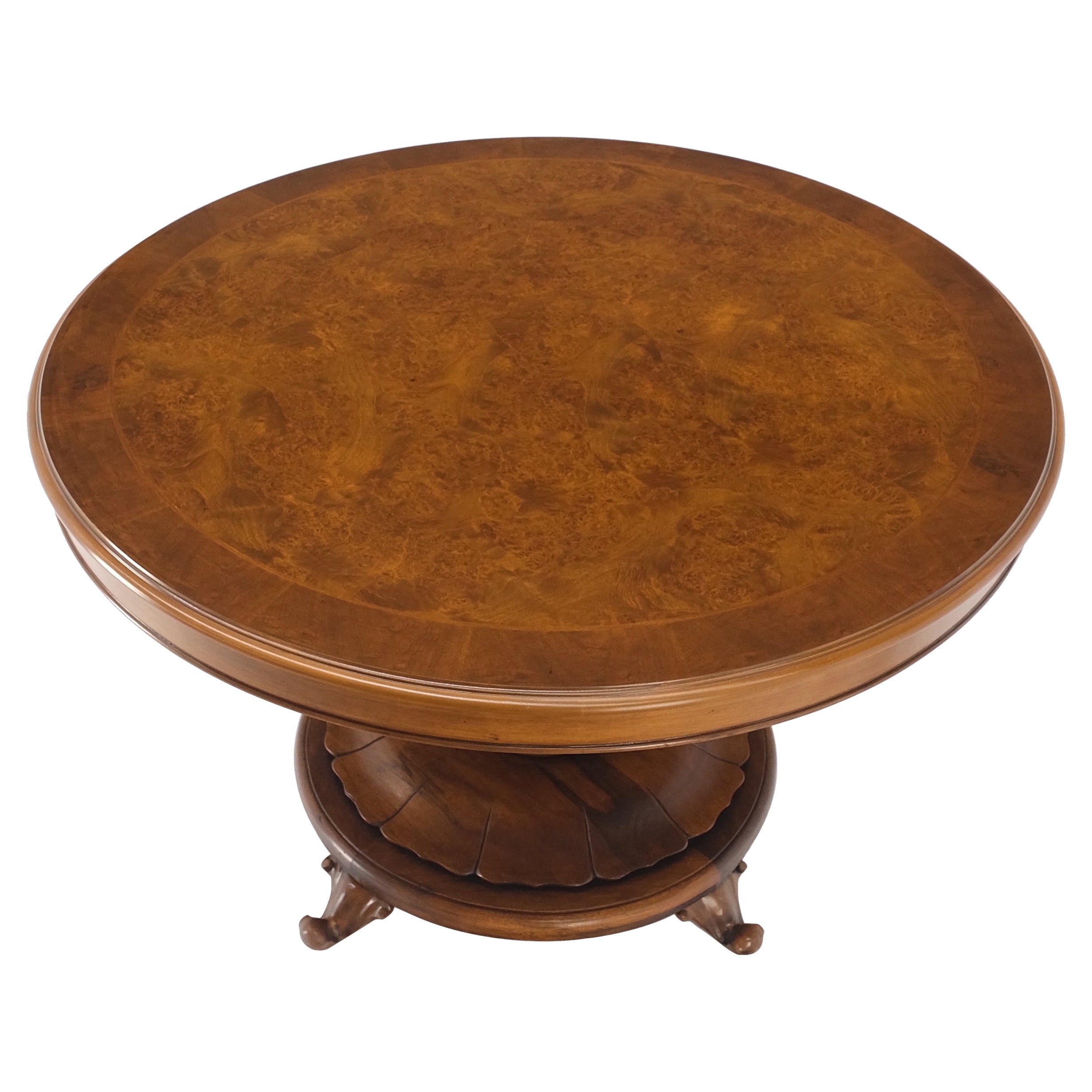 Burl Walnut Wood Top Round Carved Lotus Shape Base Dining Center Table Mint! For Sale