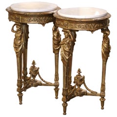 Pair of 19th Century French Rococo Marble Top Carved Giltwood Gueridon Tables 