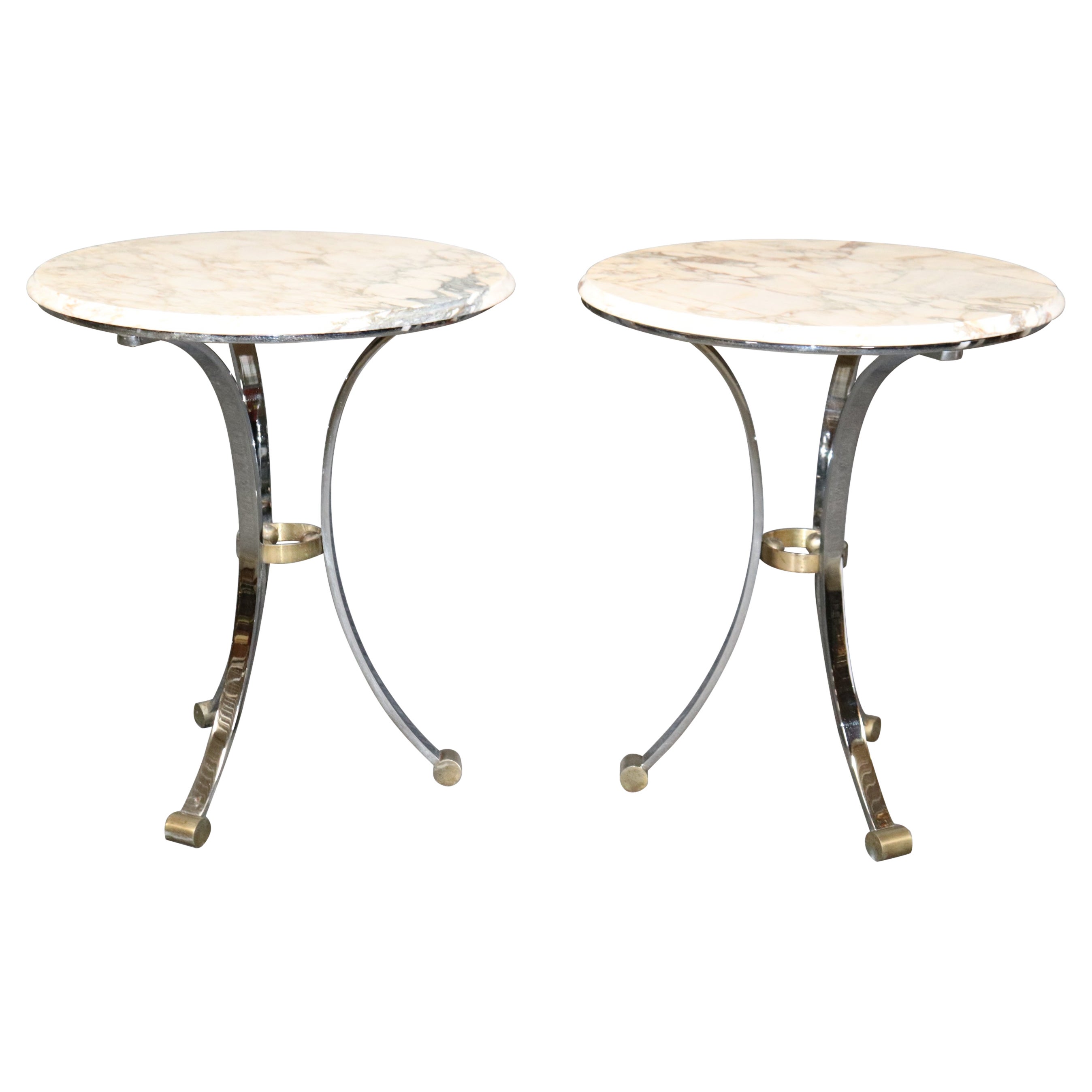 Pair of Maison Jansen Attributed Marble Top Gueridon Tables, End Tables For Sale