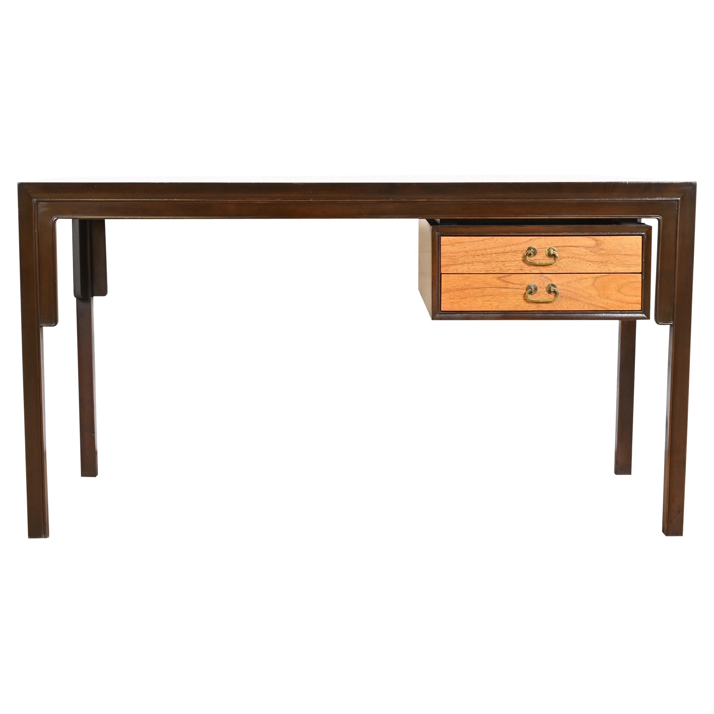 Michael Taylor for Baker Midcentury Chinoiserie Teak and Walnut Partner Desk For Sale