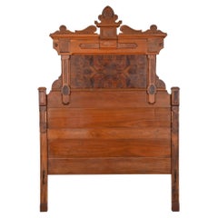Antique Eastlake Victorian Carved Burled Walnut Monumental Full Size Headboard