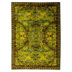 Handmade Vintage Floral Green Transitional Art & Crafts Wool Rug