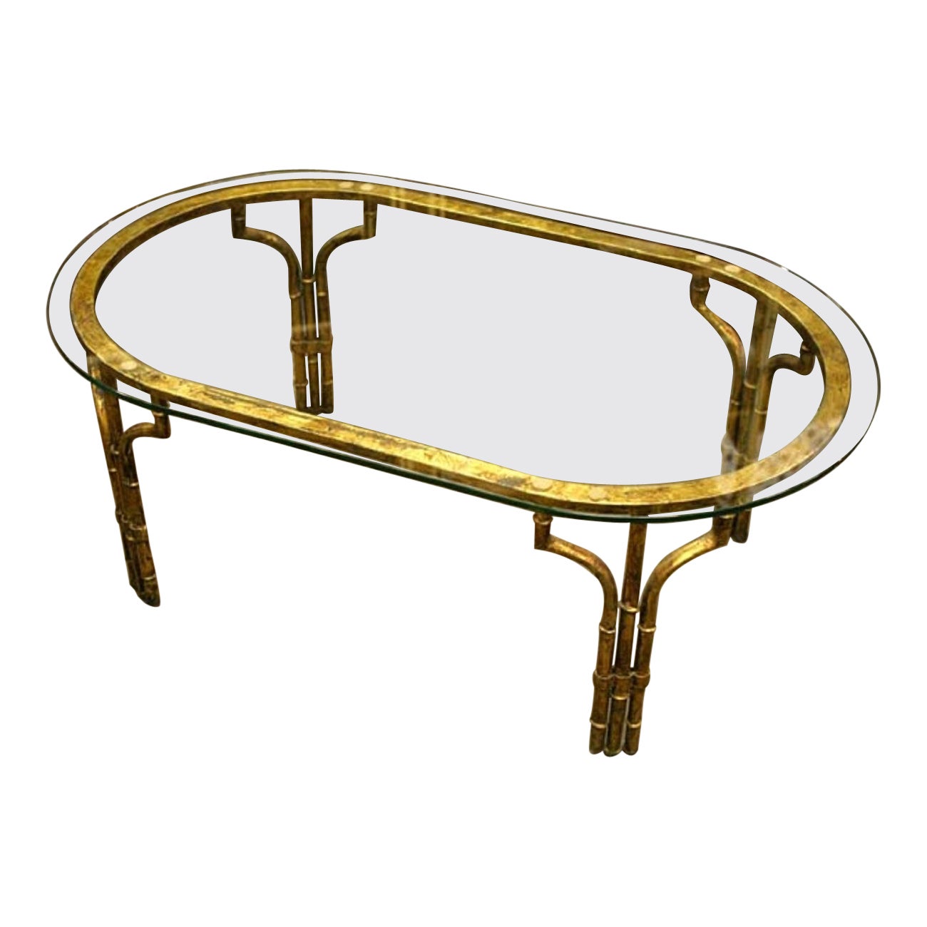  Table basse en fer doré et verre en faux bambou