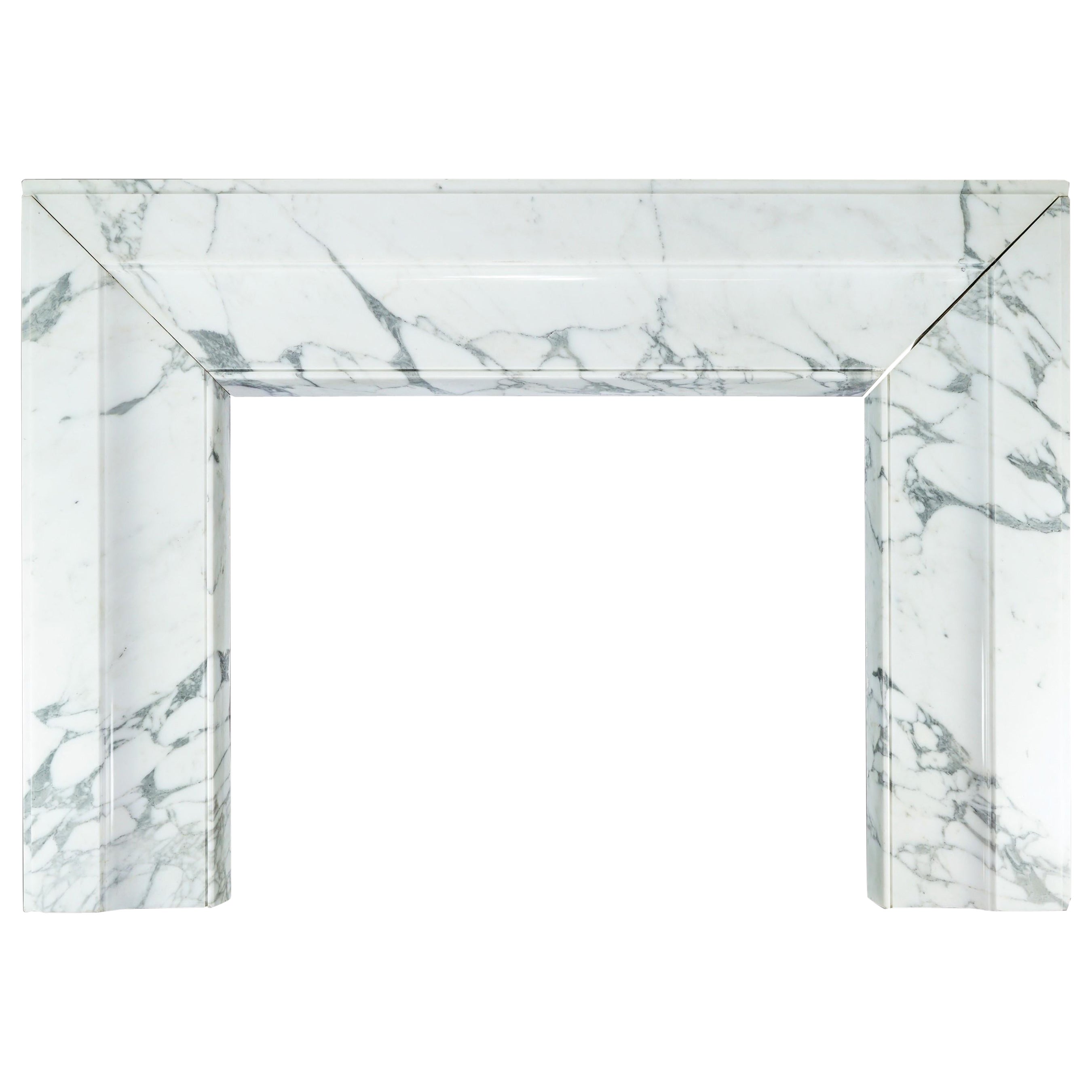 Carved Bolection Style White & Grey Veined Marble Mantel For Sale