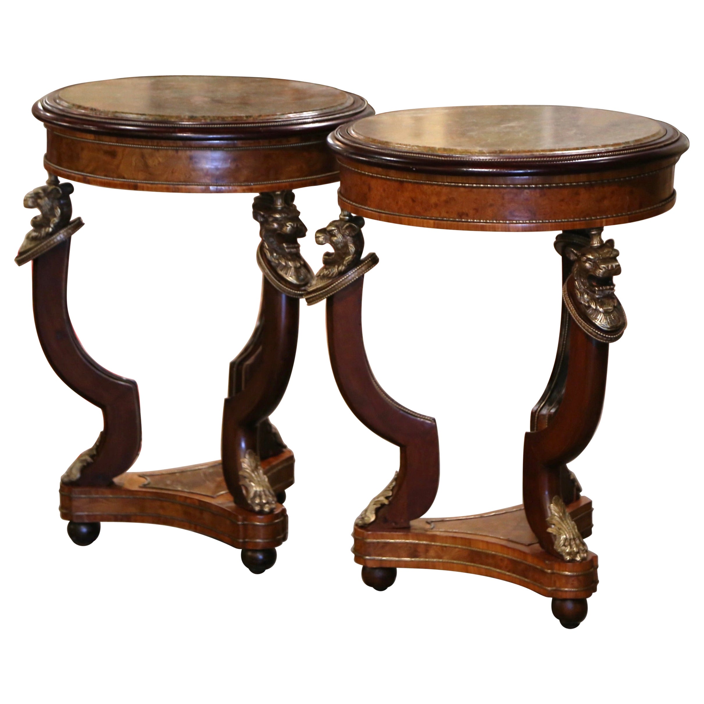 Pair of 19th Century French Marble Top Carved Burl Walnut Gueridon Tables For Sale
