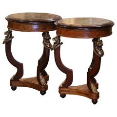 Antique Pair of 19th Century French Marble Top Carved Burl Walnut Gueridon Tables