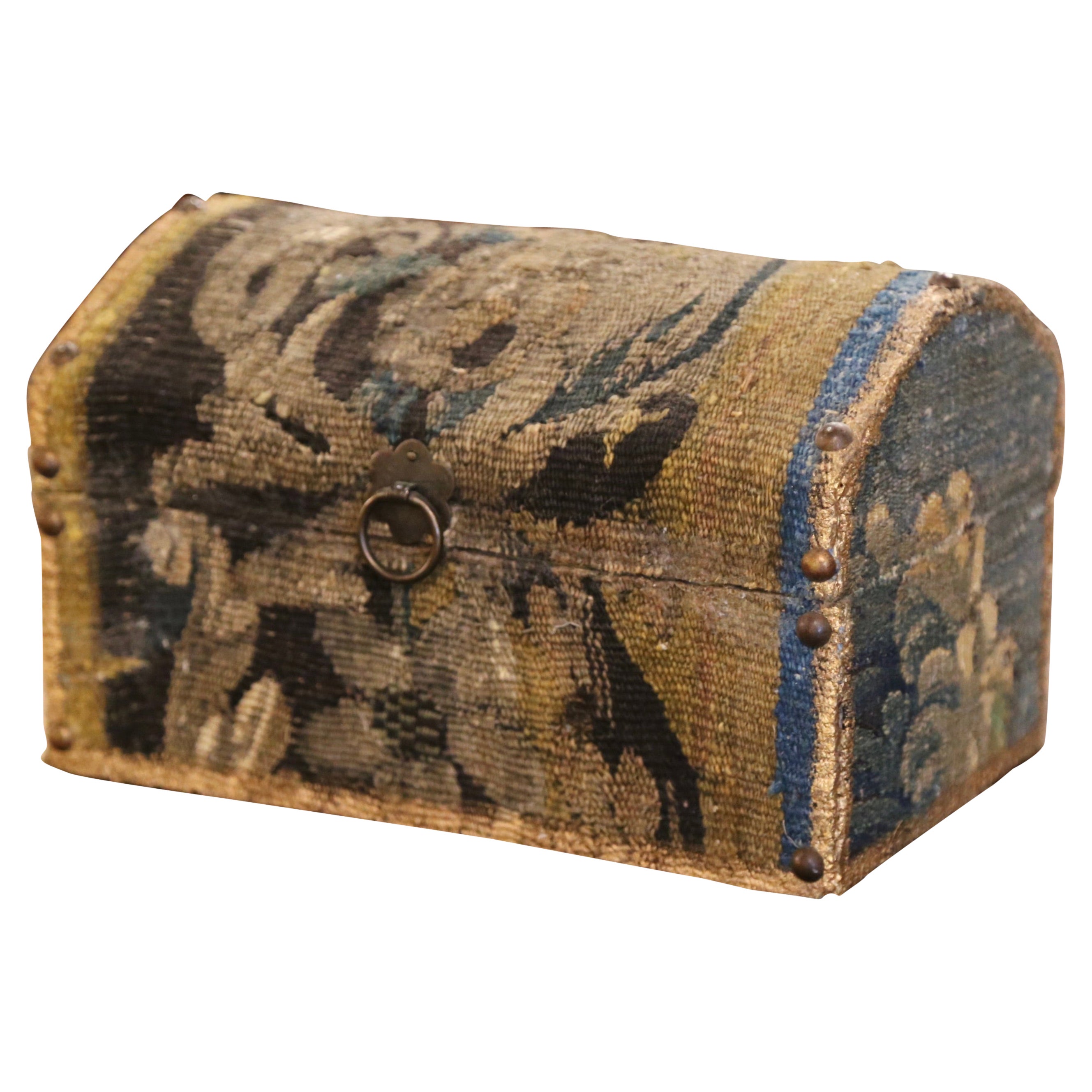 Decorative Bombe Jewelry Box with 18th Century Aubusson Tapestry Signed J. Lamy For Sale