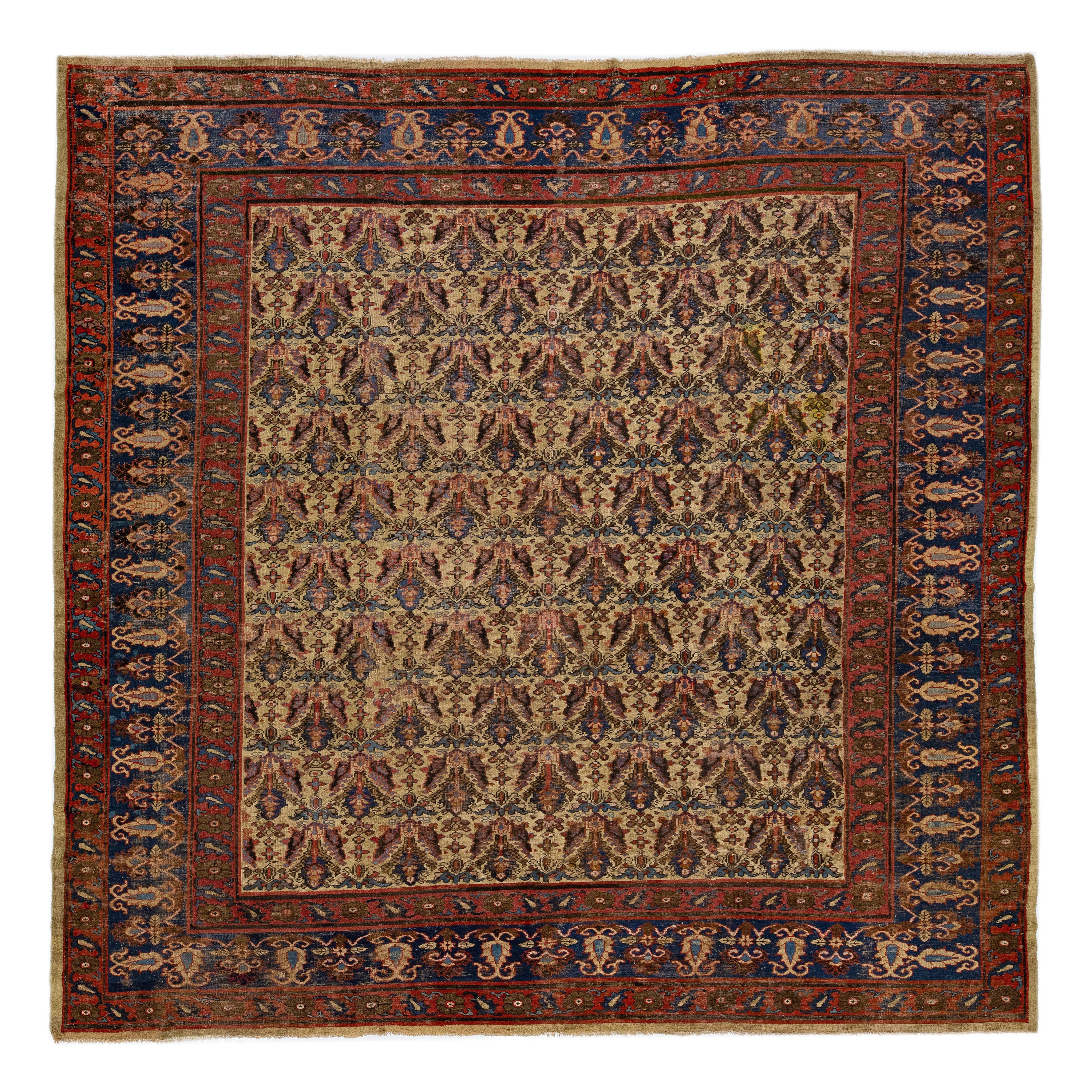 1920s Square Indian Agra Wool Rug with Allover Design in Brown For Sale