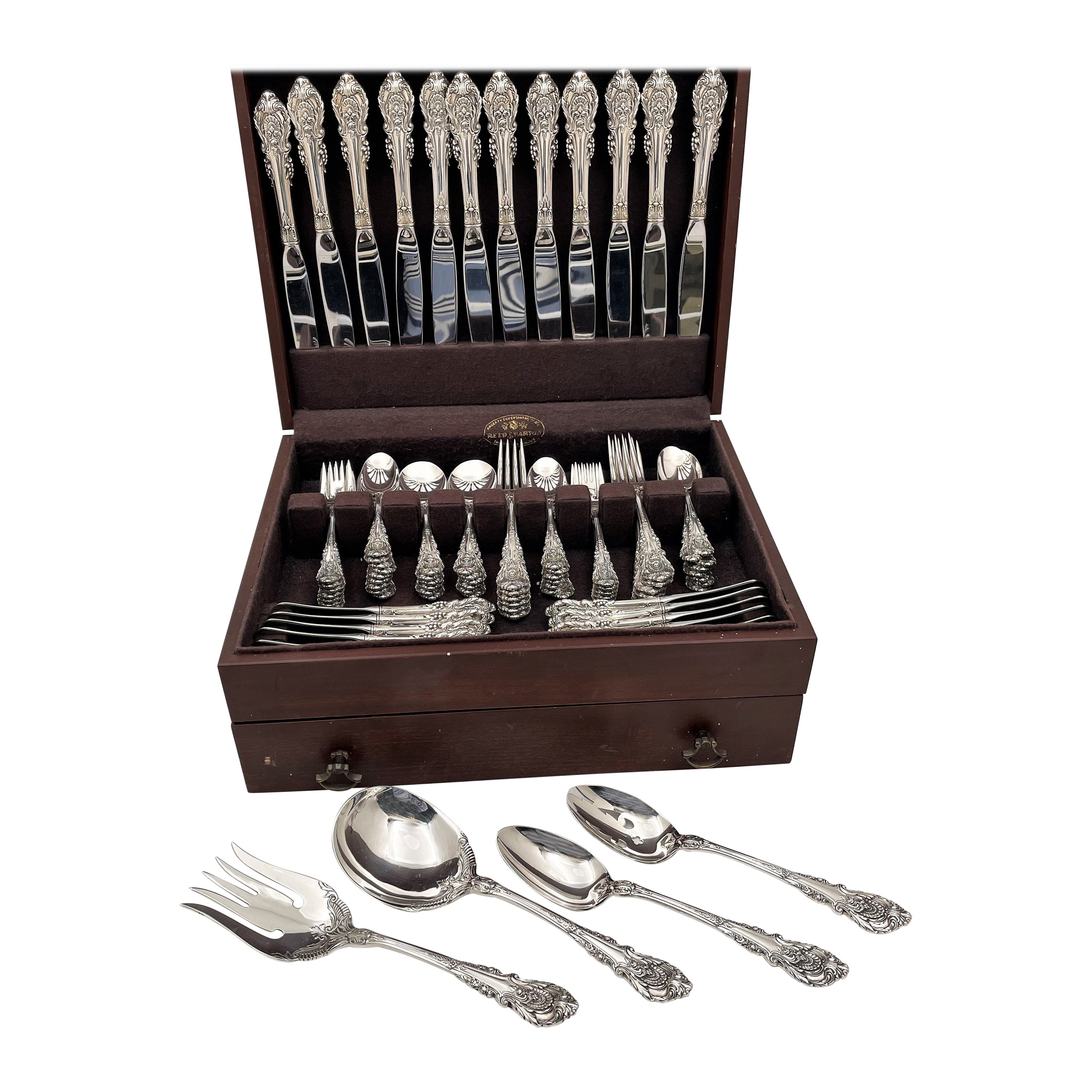 Wallace Sir Christopher Sterling Silver 88-Pc Dinner Flatware Set for 12+Servers For Sale