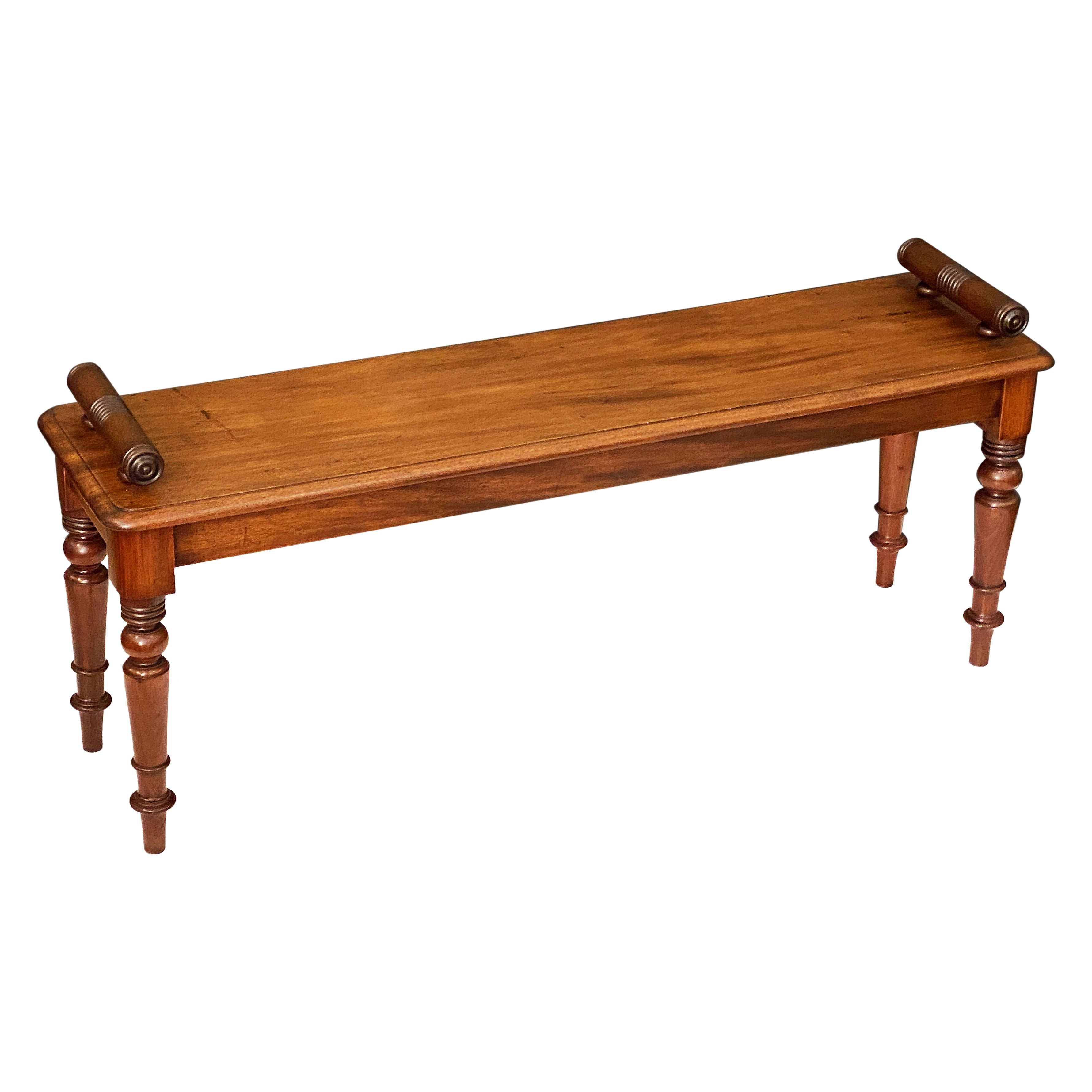 Large English Hall Bench or Window Seat of Mahogany on Turned Legs