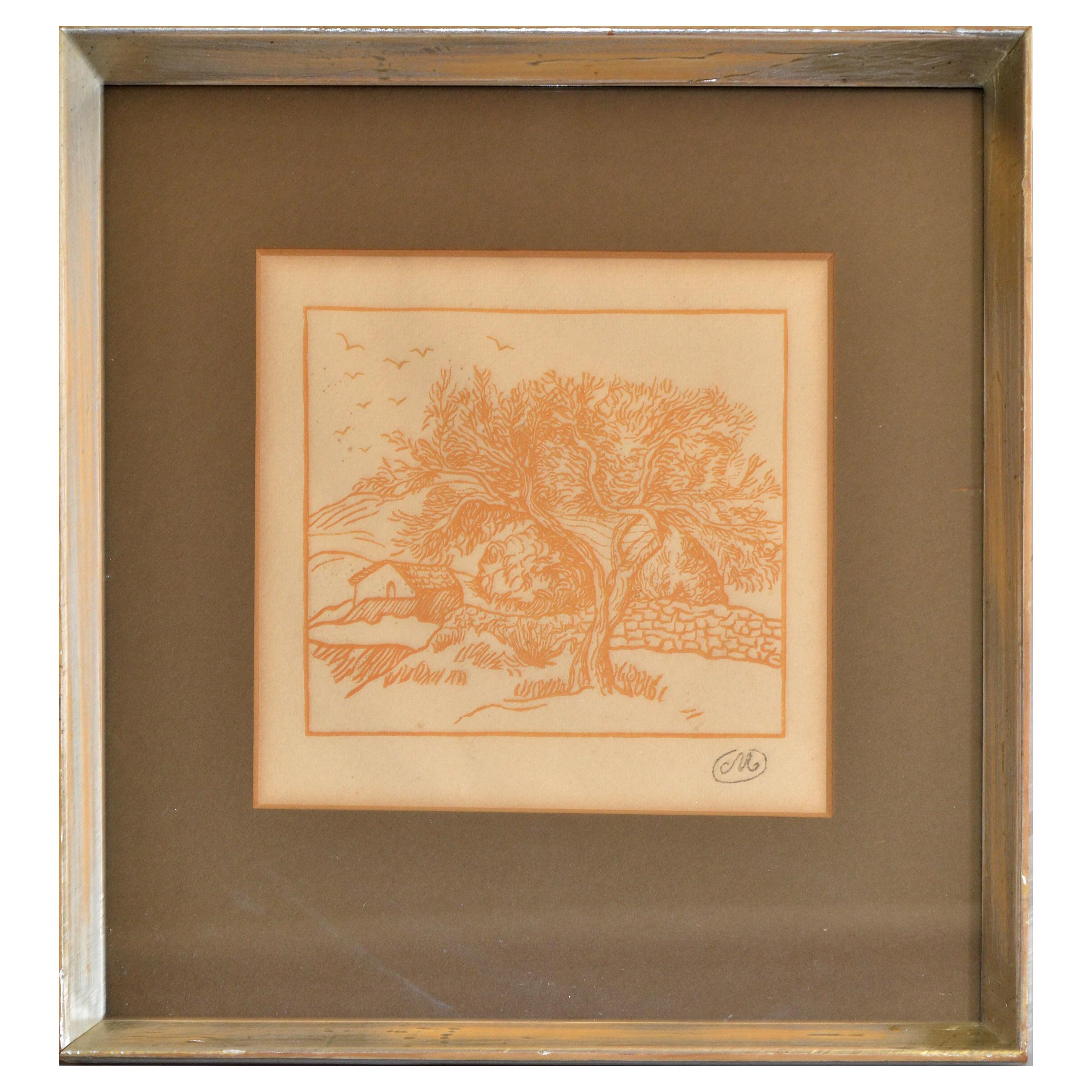 1950 Framed Print Marked M Landscape Scenery Orange Silver Wood Frame Distressed For Sale