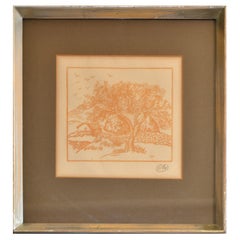 1950 Framed Print Marked M Landscape Scenery Orange Silver Wood Frame Distressed