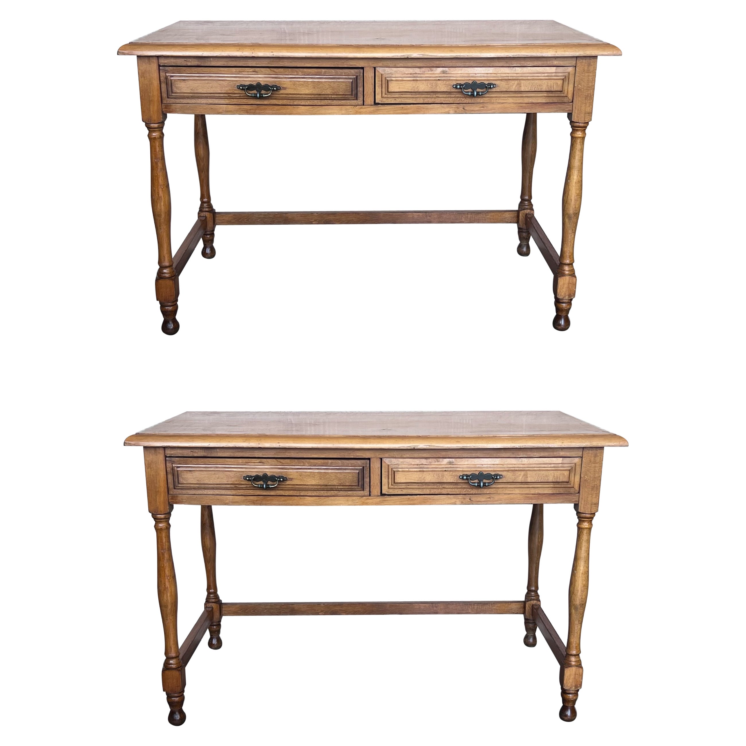 Pair of Early 20th Spanish Mobila Country Farm Desk with Two Drawers For Sale