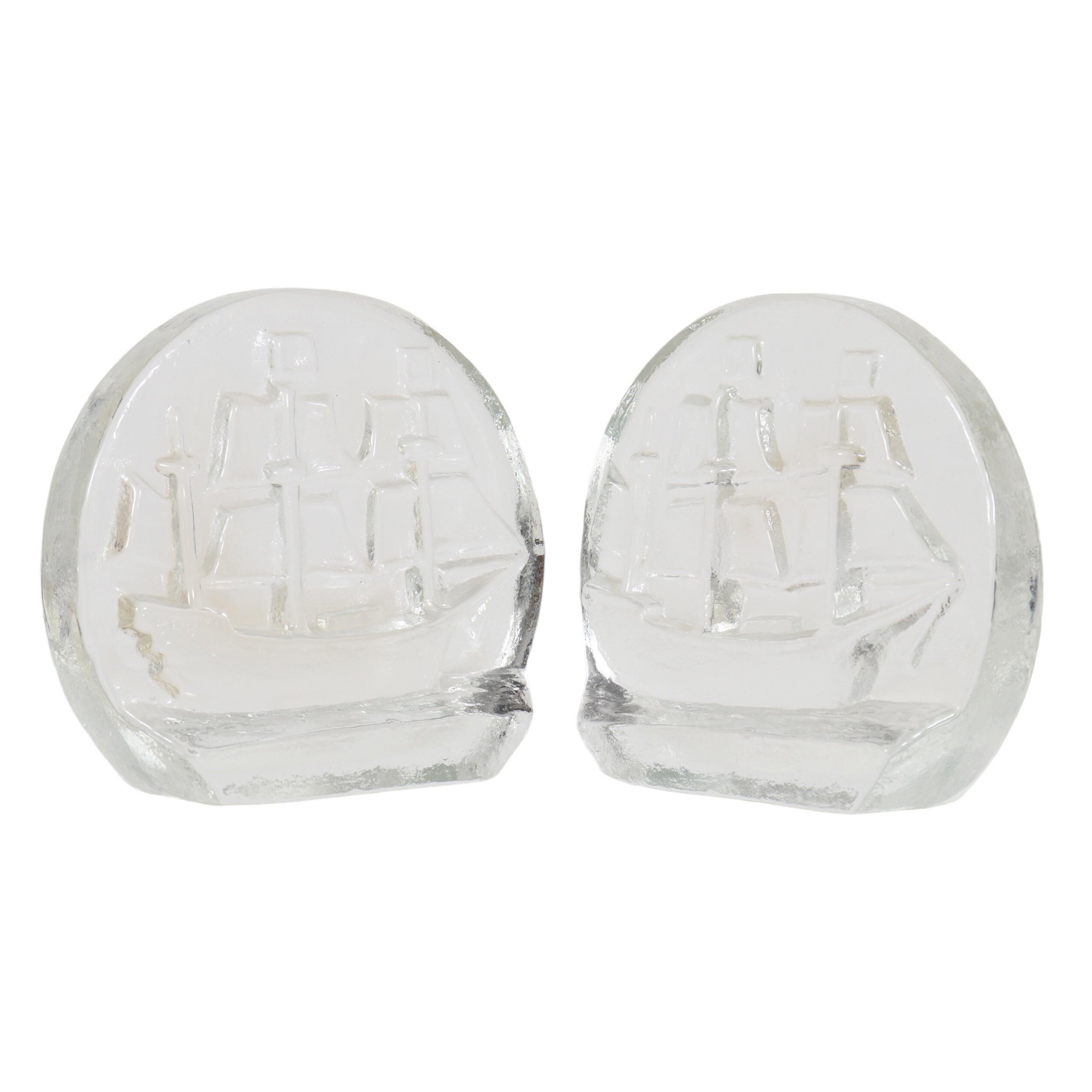 Blenko-Glas-Schiffs-Buchstützen – ein Paar