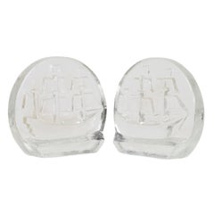 Vintage Blenko Glass Ship Bookends, a Pair